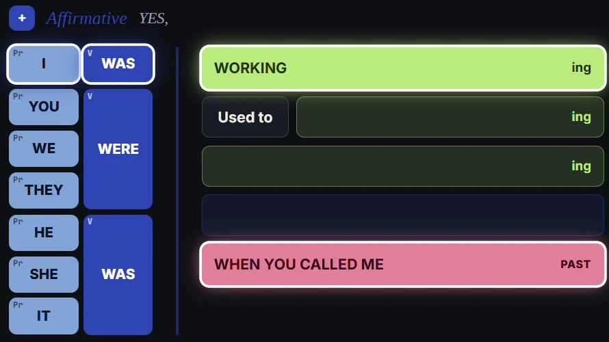 Interface do Intelook Method com a frase “I was working when you called me” montada em blocos coloridos