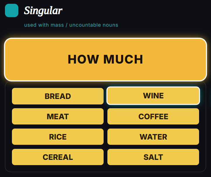 Interface do Intelook Method em tema escuro: blocos coloridos organizam a estrutura de perguntas em inglês com substantivos incontáveis, como HOW MUCH e WINE.